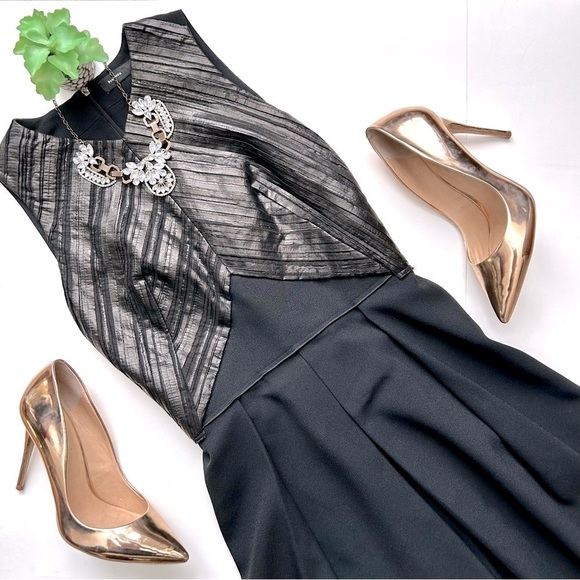 Proenza Schouler Foil Print Pleated Cloque Dress Black Metallic Sleeveless Sz 4 - Picture 1 of 16